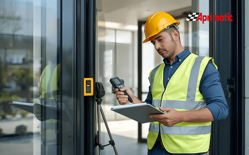 Tecnico cualificado realizando mantenimiento preventivo en puerta automatica de portal comunitario