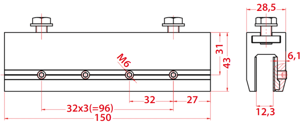 Pinza VL150 para vidrios de puertas automáticas - dimensiones y detalles